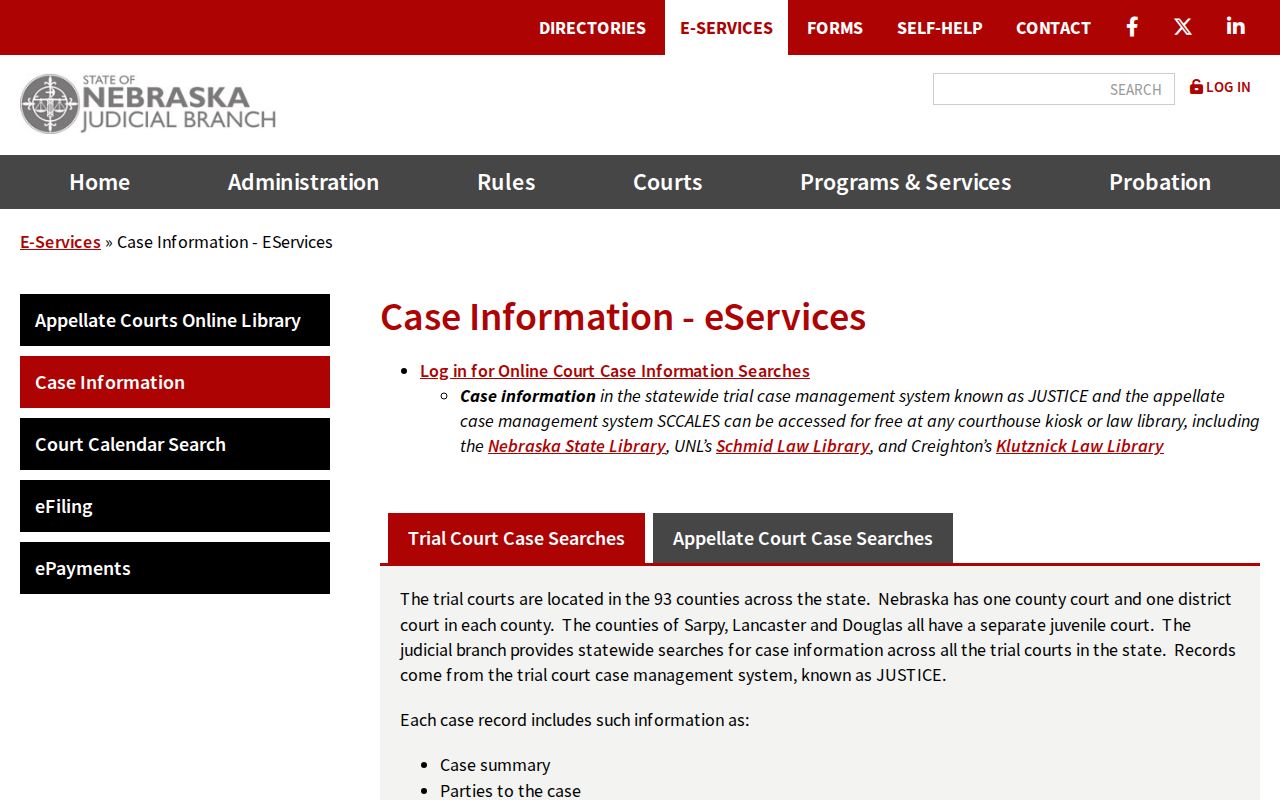 Kimball County case search information page for the statewide Nebraska JUSTICE system