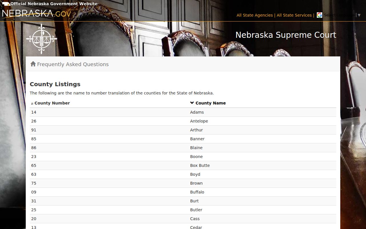 Kimball County case search county-number reference for Nebraska JUSTICE formats