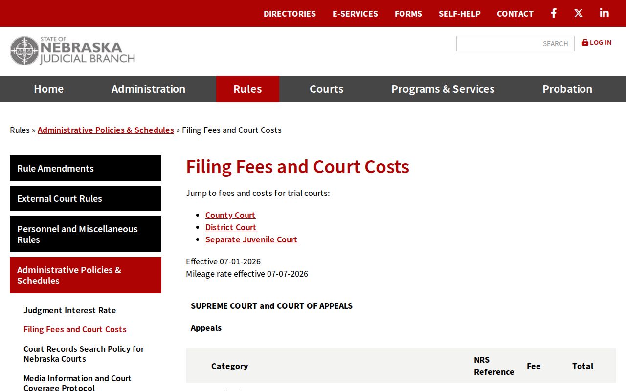 Kimball County civil docket filing fees and court costs information