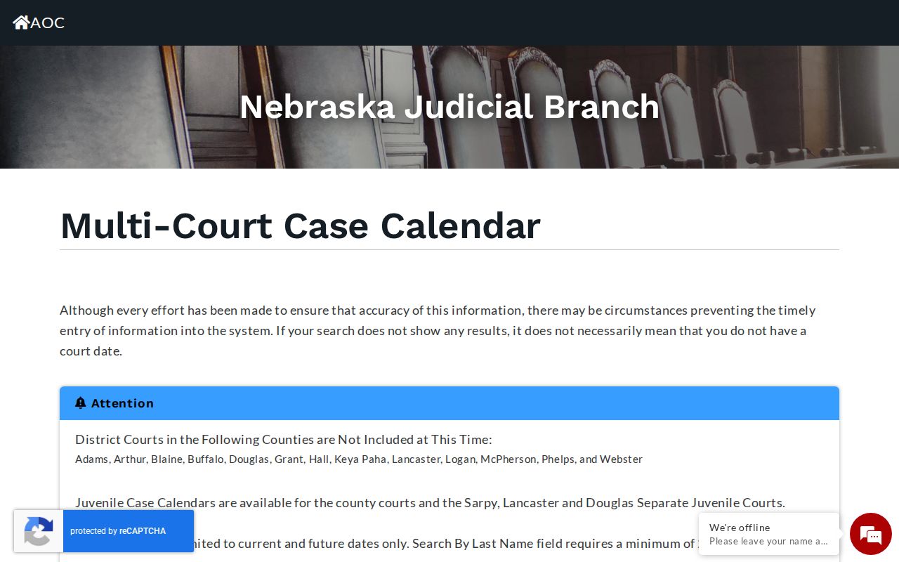 Kimball County court calendar search form with County Court and District Court choices