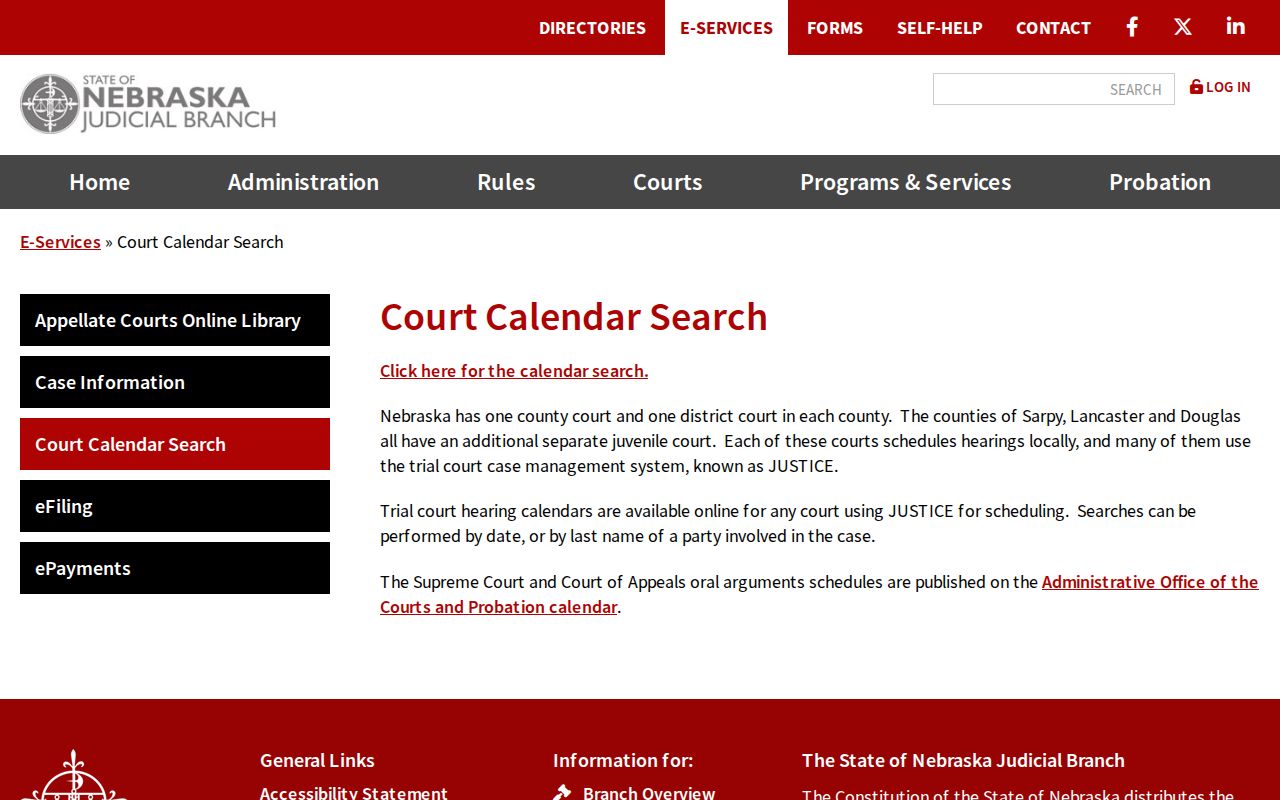 Kimball County court calendar information page describing statewide JUSTICE hearing searches