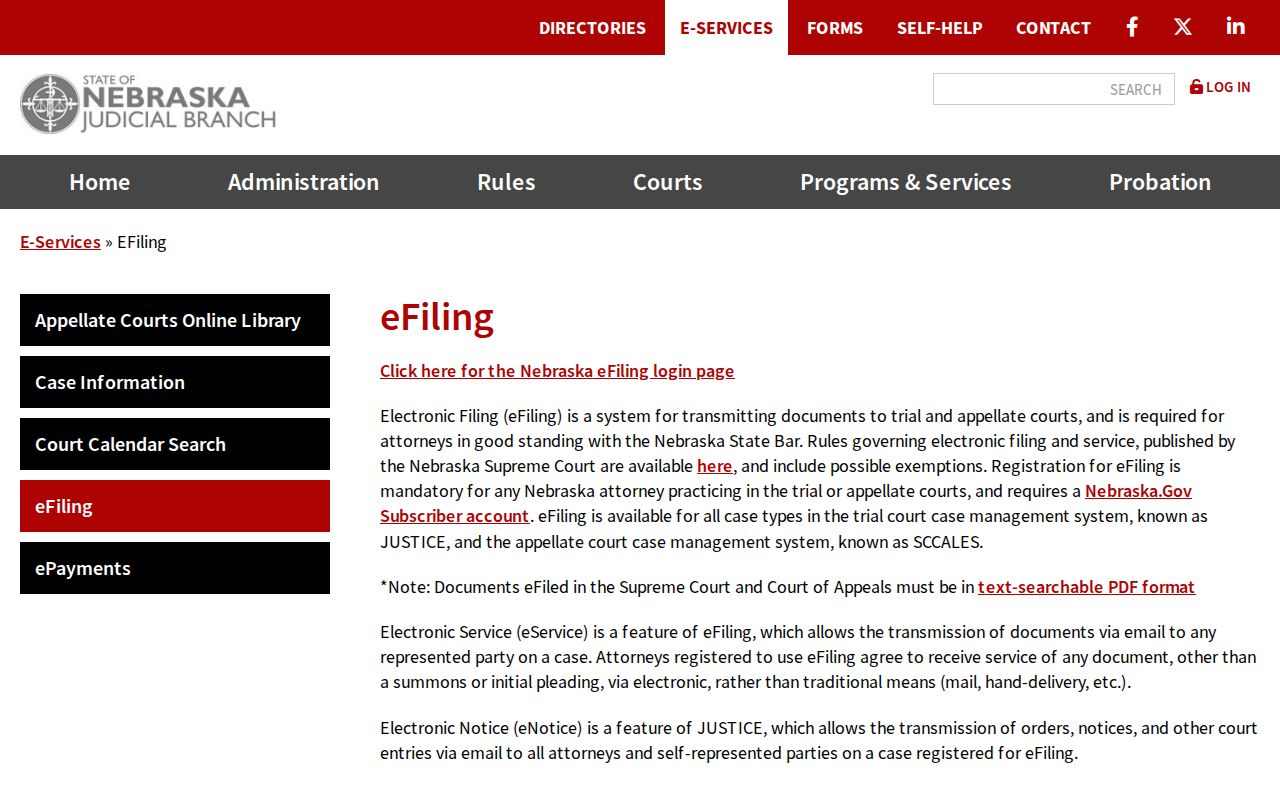 Kimball County court eFiling information page showing the filing and electronic notice service