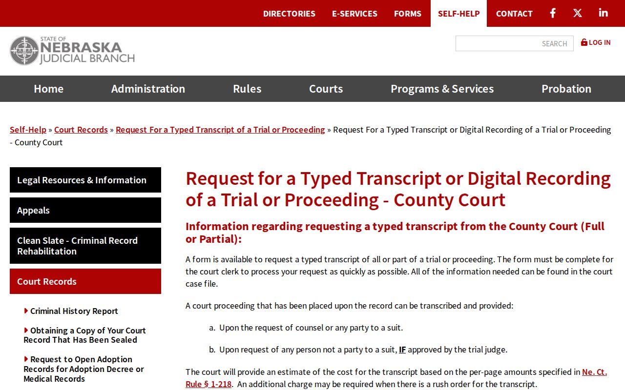 Kimball County court record transcript and digital audio request guidance