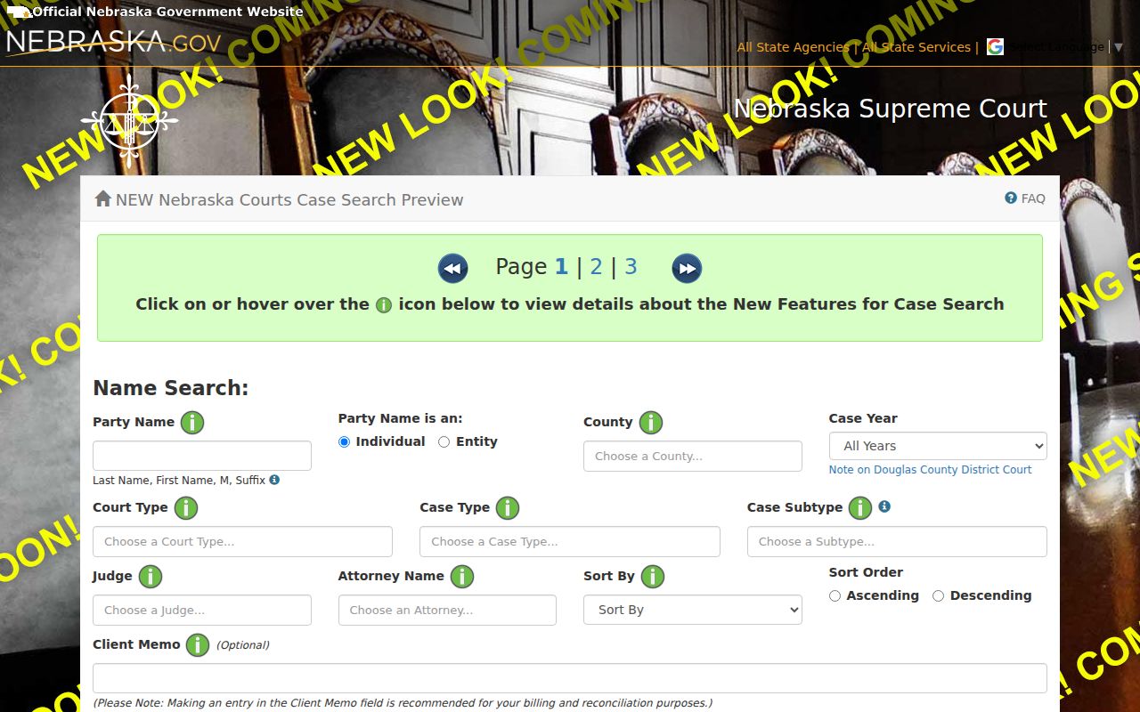 Kimball County court docket search fields in the Nebraska JUSTICE demonstration